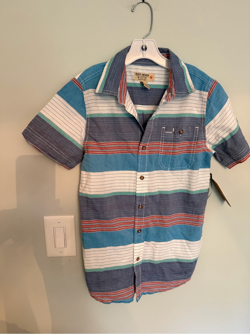 Boys Short-Sleeve Striped Button-Up Shirt - Blue/White 10-12 NWT 34 Ruff Hewn